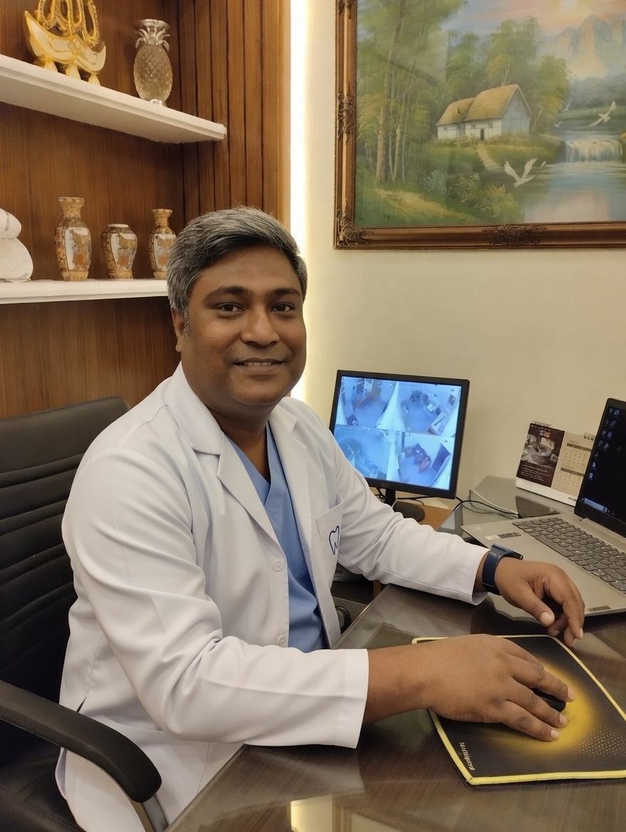 Dr. Khalid Ashraf seated at his desk in Rosebud Dental Clinic